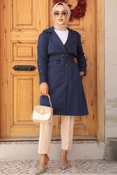 Neva Style Μπλε Ζώνη Hijab Trench Coat - 61171L