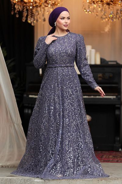 Neva Style Beaded Dark Lilac Hijab Evening Dress 23091Klıla