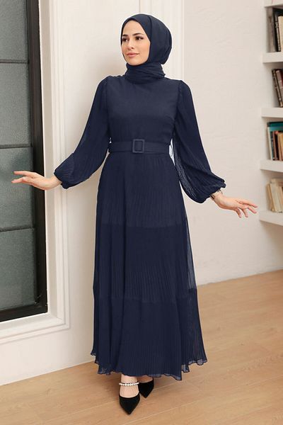 Neva Style - Rochie Hijab Albastru Marin cu Curea 3590l