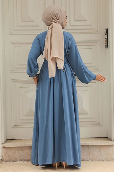Neva Style Rochie Hijab Albastră - Cu centură, Model Nr: 330113 M