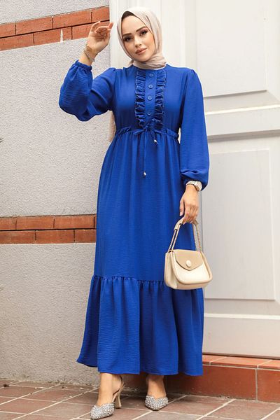 Neva Style Rochie Hijab Albastru Sax - Detaliu Volanat, Model 6731SX