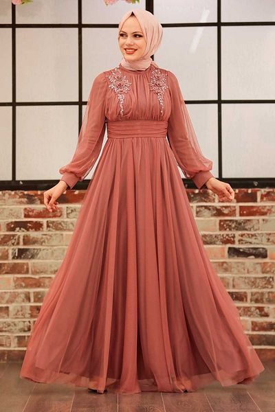 Neva Style Βραδινό φόρεμα Hijab Dark Salmon με λεπτομέρεια λουλουδιών 22070ksmn