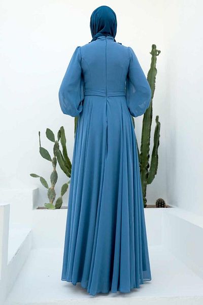 Neva Style Rochie de seara cu hijab - Rochie de seara hijab albastra cu detaliu flori 22232m