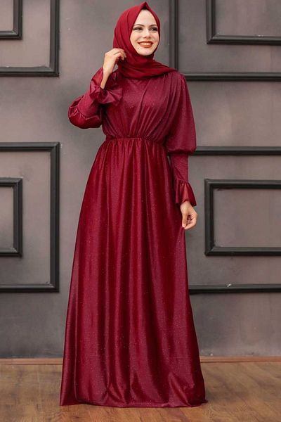 Neva Style Βραδινό φόρεμα Ασημί Βουργουνδίας Hijab 5367br