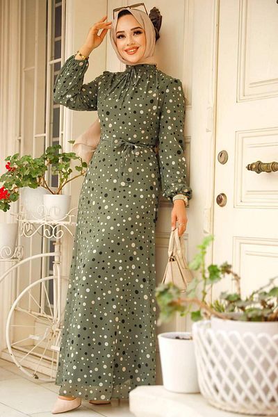 Neva Style فستان حجاب كاكي منقط 279065 هونج كونج