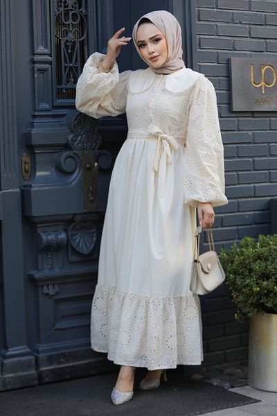 Neva Style Rochie Hijab Bej - Dantela, Model 10034BEJ