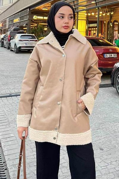 Neva Style - Jachetă din piele hijab bej cu detaliu de blană 9310bej