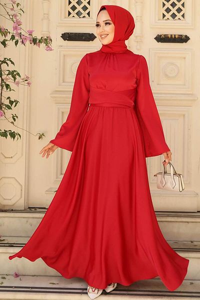 Neva Style فستان سهرة حجاب - فستان سهرة حجاب ساتان أحمر 6105k