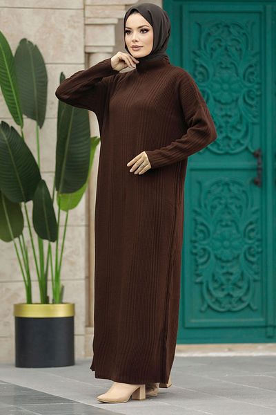 Neva Style Φόρεμα Πλεκτό Καφέ Καφέ Κασκόλ 34150kh