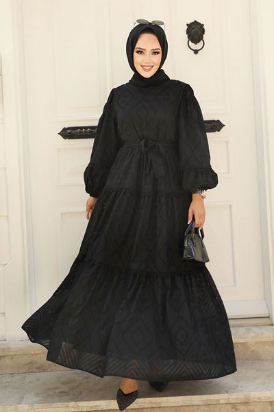 Neva Style - فستان حجاب أسود بحزام 14131s