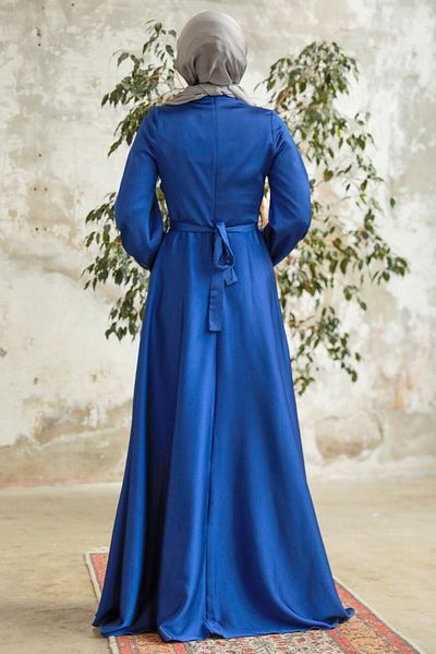 Neva Style Rochie de seara cu hijab - Rochie de seara hijab din satin albastru indigo 38031ım