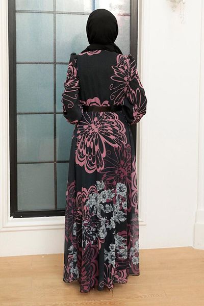 Neva Style Butterfly Patterned Dusty Rose Hijab Dress 3463Gk