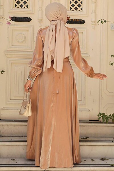 Neva Style Beaded Detailed Camel Hijab Evening Dress 23301C