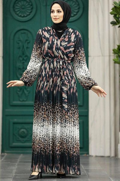 Neva Style Leopard Patterned Dusty Rose Hijab Dress 3889Gk