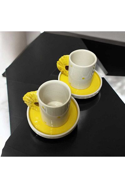 seda seramik Handmade Design Sunflower 4-Piece Coffee Cup Set with Handles for 2 People 110 ml