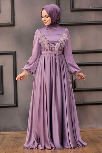 Neva Style Tasseled Dusty Rose Hijab Evening Dress 21731Gk