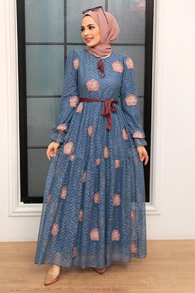 Neva Style Φόρεμα Hijab με μοτίβο λουλουδιών Indigo Blue 1216ım