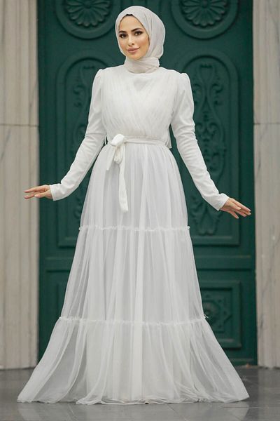 Neva Style Rochie de seară hijab albă pliată în straturi 55621b