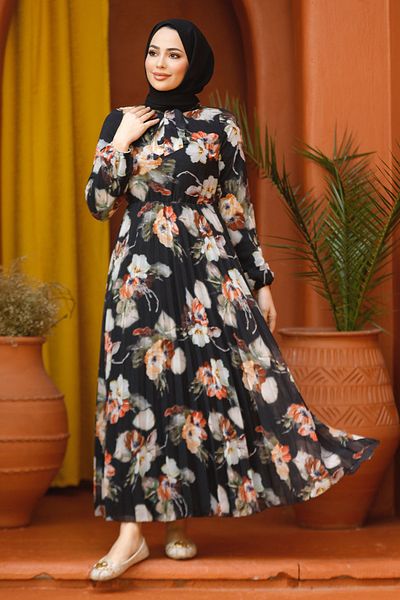 Neva Style - Rochie musulmană neagră cu model floral 50191s