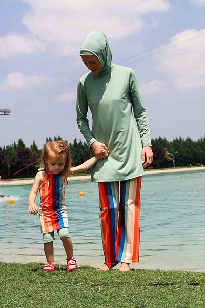 Neva Style Mint Striped Full Covered Hijab Swimsuit M2227MINT