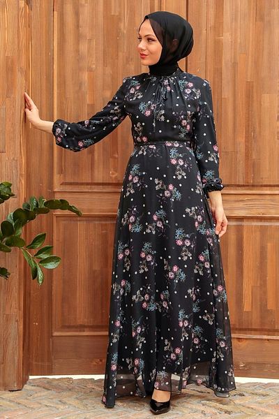 Neva Style Rochie neagră cu hijab cu modele florale 279026 s