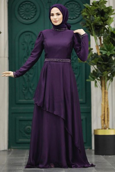 Neva Style Rochie de seara cu hijab - Rochie de seara musulmana cu detaliu perlat 22223mu