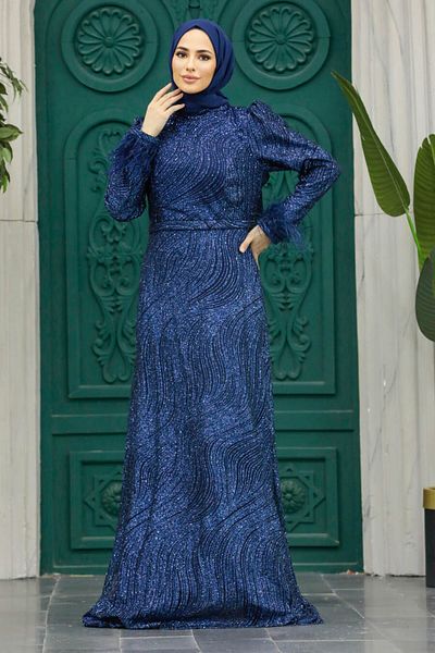 Neva Style Glittery Navy Blue Hijab Evening Dress 2323L