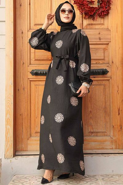 Neva Style 30442BKR Model Flower Patterned Copper Hijab Dress