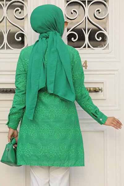 Neva Style Green Guipure Detailed Hijab Tunik - 14151Y