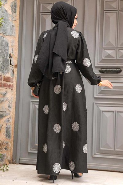 Neva Style Silver Hijab Dress - Floral Pattern, Model No: 30442GMS