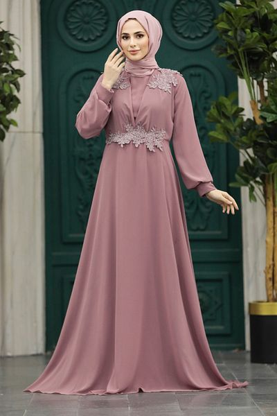 Neva Style Dusty Rose Hijab Evening Dress with Bead Detail 22113Gk