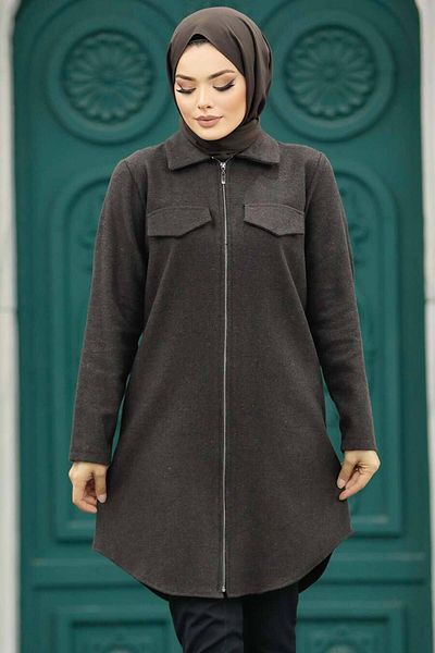 Neva Style تونيك حجاب بني داكن بسحاب 5944kkh