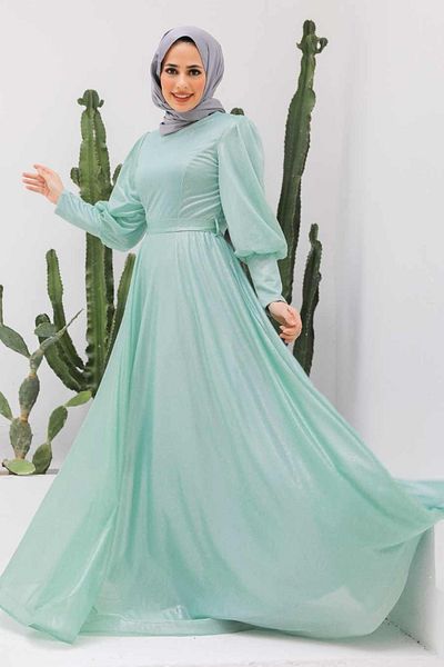 Neva Style Balloon Sleeve Mint Hijab Evening Dress 56721Mint