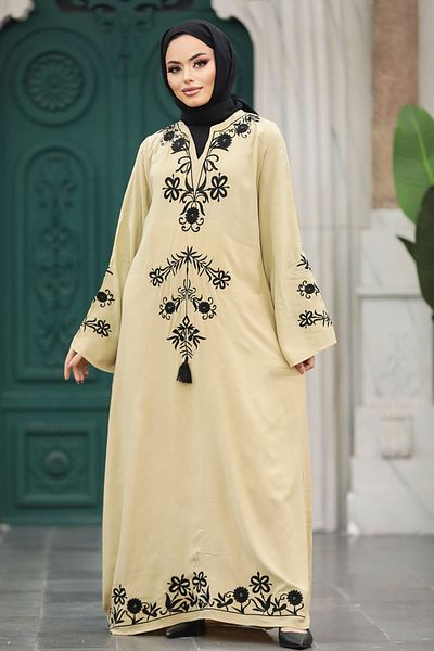 Neva Style Rochie Hijab Bej cu Detaliu Floral 11153bej