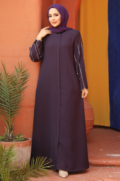 Neva Style Kolları İşlemeli Mürdüm Tesettür Abaya 2634MU