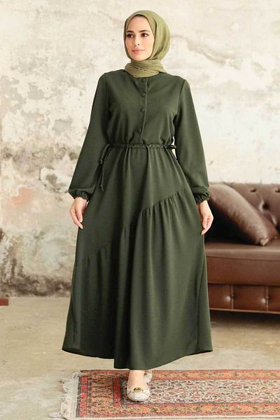 Neva Style Button Detailed Dark Khaki Hijab Dress 5813Khk