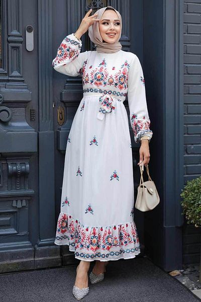 Neva Style فستان حجاب أبيض منقوش بالزهور 23231B
