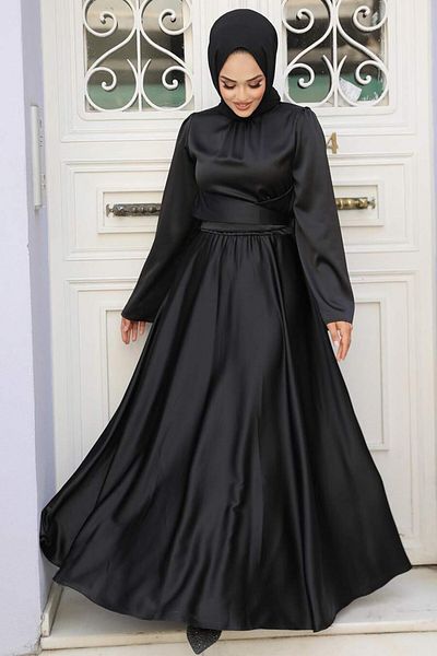 Neva Style Μαύρο Hijab Σατέν Βραδινό Φόρεμα 6105s