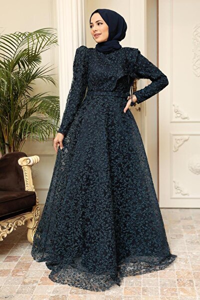 Neva Style Lace Navy Blue Hijab Evening Dress 22421L