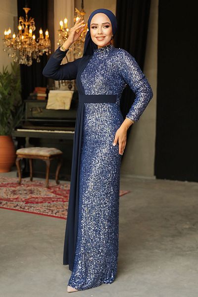 Neva Style Βραδινό φόρεμα με παγιέτες Navy Blue Hijab 25851l