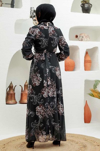 Neva Style - Rochie Hijab Neagră cu Motiv Floral 279013 s
