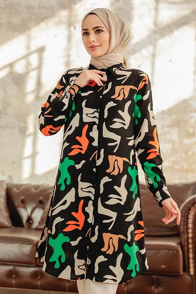Neva Style تونيك فيسكوز أسود منقوش 11626s