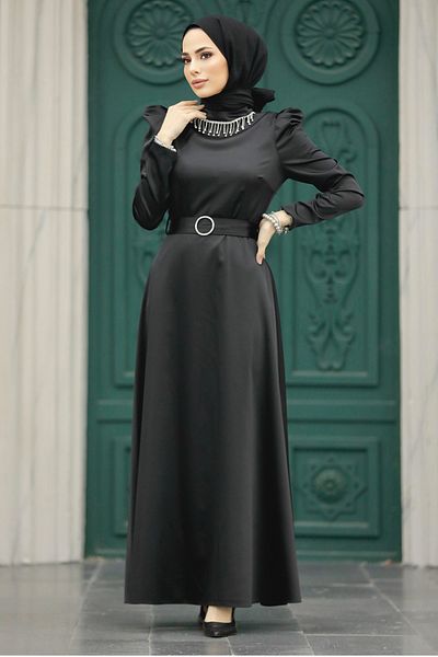 Neva Style - Rochie de hijab neagră din satin cu centură 7725s