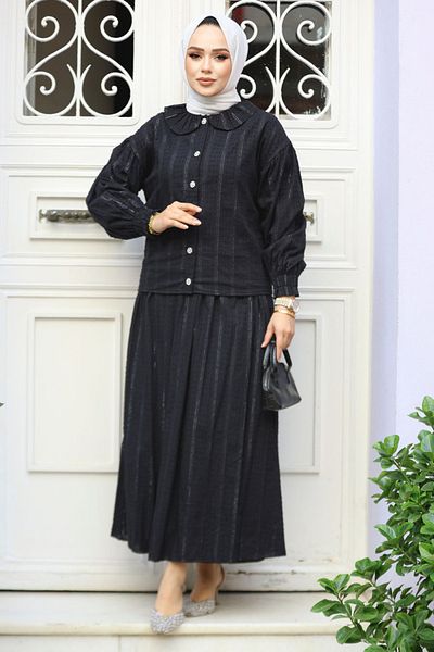 Neva Style طقم طية صدر السترة للأطفال مع تنورة حجاب سوداء - 30004S