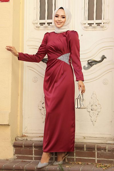 Neva Style Βραδινό φόρεμα με λεπτομέρεια μπορντό Hijab Satin 5940br