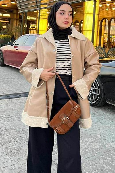 Neva Style - Jachetă din piele hijab bej cu detaliu de blană 9310bej