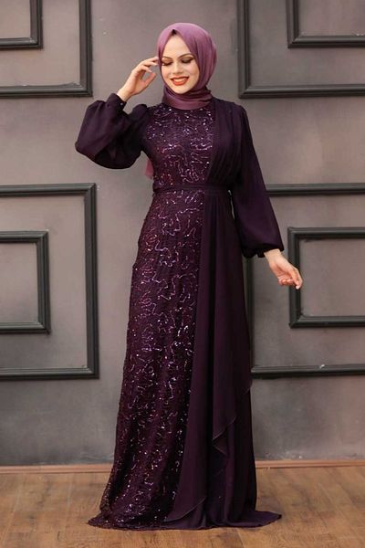 Neva Style Chiffon Detailed Sequin Sequin Plum Hijab Evening Dress 5516Mu