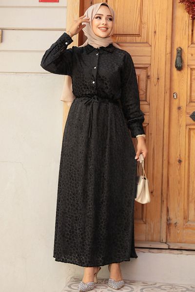 Neva Style Leather Look Black Hijab Dress 92690S