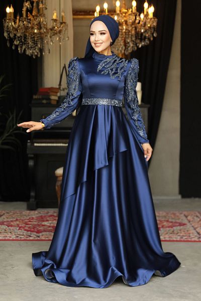Neva Style Beaded Navy Blue Satin Hijab Evening Dress 22671L