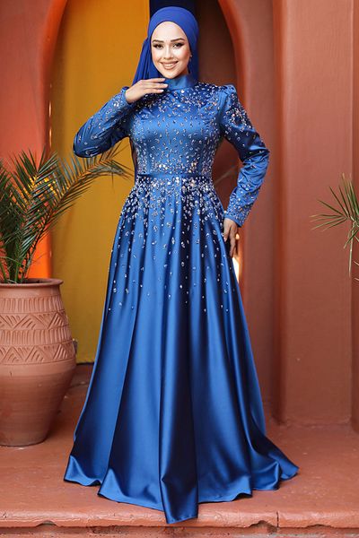 Neva Style Bead Detailed Indigo Blue Hijab Satin Evening Dress 25894ım
